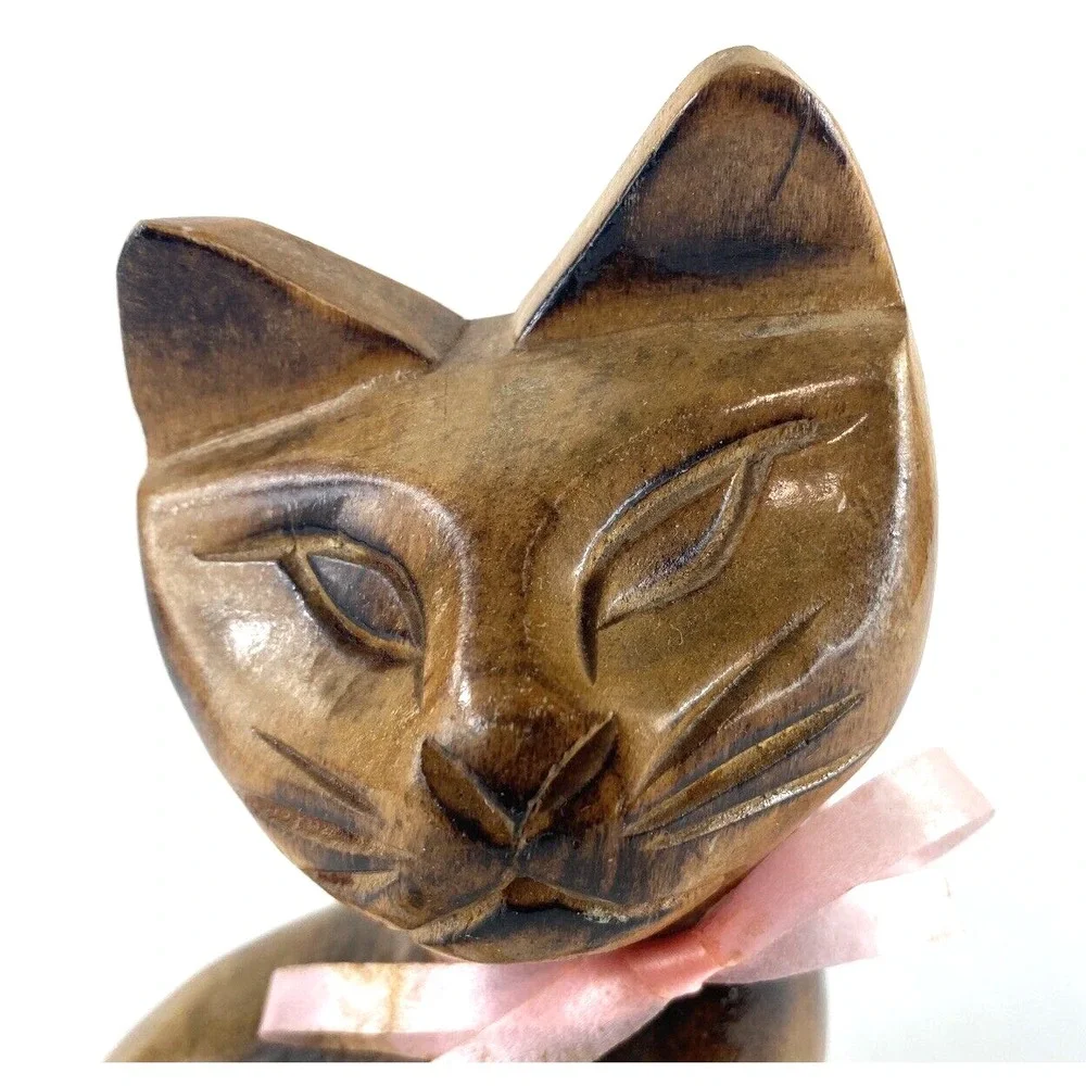 Carved Wood Cat Figurine Statue MCM Vintage 6